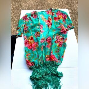 Gorgeous aqua & pink floral kimono with fringe - OSFM